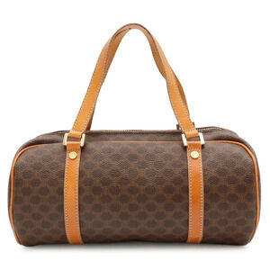 Celine Macadam Canvas Leather Top Handle Boston Bag Brown Tan